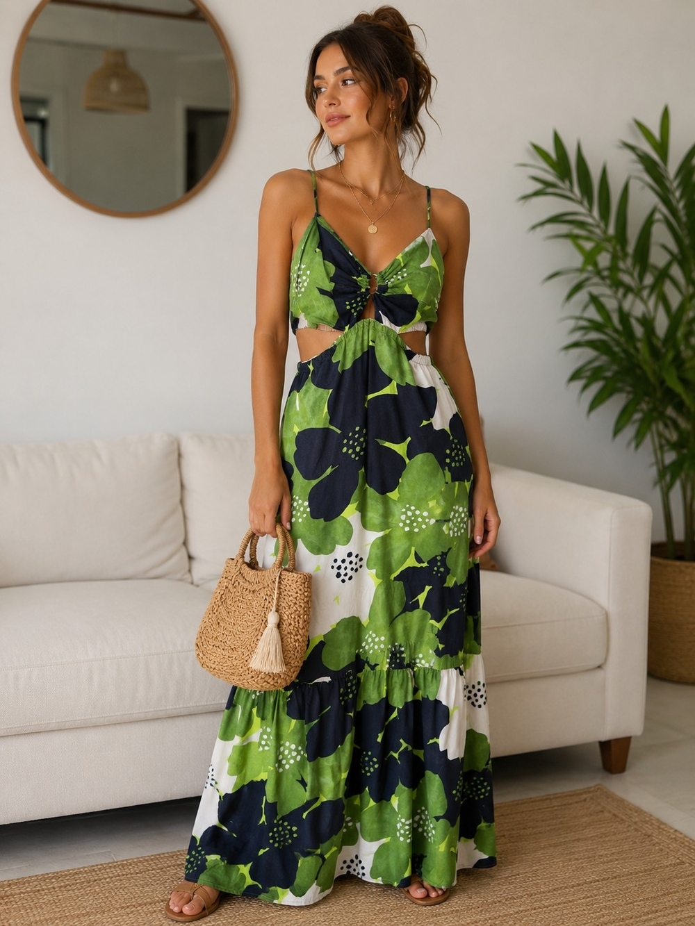 Garage Green & Navy Floral Cutout Maxi Dress with Spaghetti Straps
